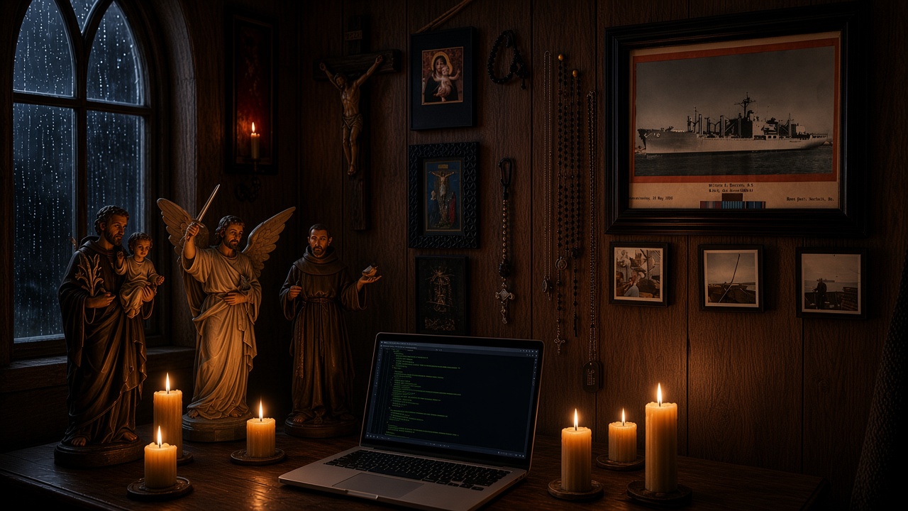 A dark, candlelit wood-paneled room at night. Rain runs down an arched window. On the desk stand statues of St. Joseph holding the Child Jesus, St. Michael with wings and sword, and St. Francis in a brown habit, beside lit candles and an open laptop showing code. On the wall hang a crucifix, a Madonna and Child, a crucifixion picture, rosaries, and a framed Navy ship photograph with three small snapshots.
