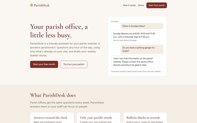 The ParishDesk website on a desktop screen