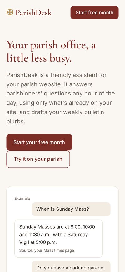 The ParishDesk website on a phone